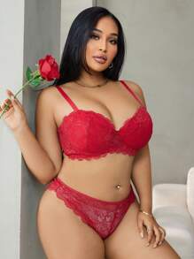 Plus Size Plain Lace Trim Simple Fitted Casual Wireless Lingerie Bra Set - Red - View 1