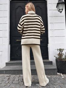 SHEIN Cottnline 2pcs/Set Women High Neck Long Sleeve Striped Simple Top And Pants - Multicolor - View 2