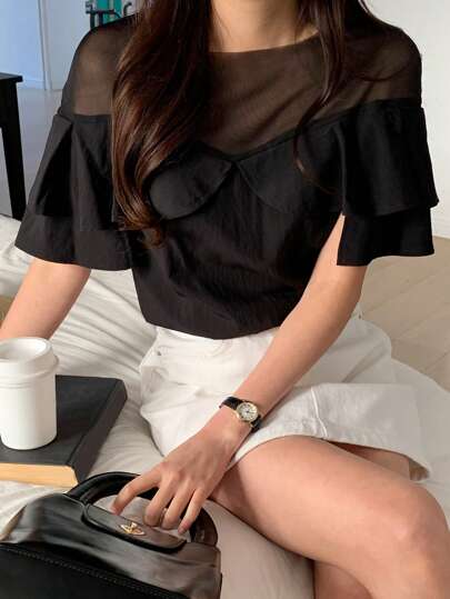 DAZY Women's Short Sleeve Mesh Patchwork Ruffle Hem Blouse