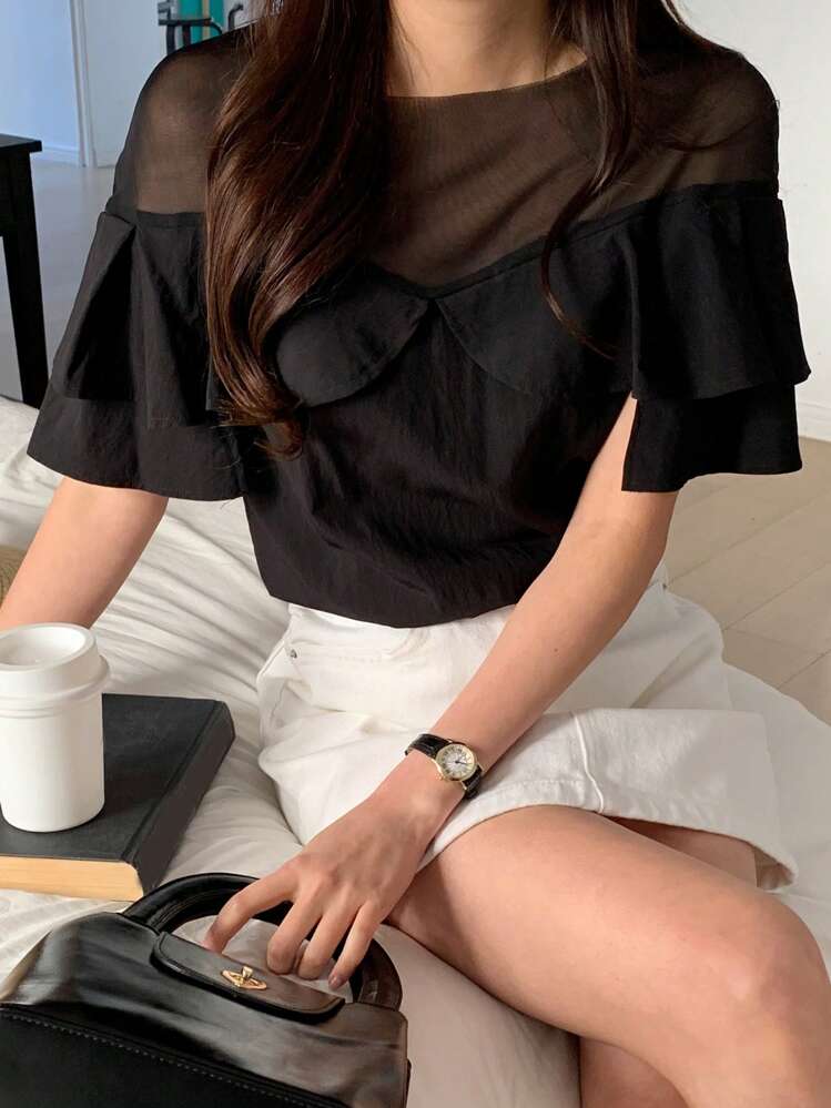 DAZY Women's Short Sleeve Mesh Patchwork Ruffle Hem Blouse - Black - View 1