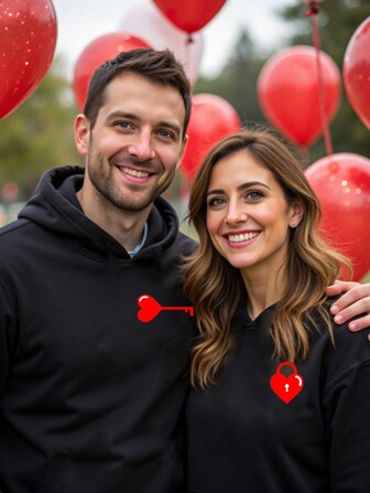 GENTILAND Men's Casual Heart Print Long Sleeve Hoodie, Everyday Wear, For Valentine's Day Gift