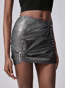 Chiquease Falda plisada minimalista con botón con carácter japonés, para uso casual diario