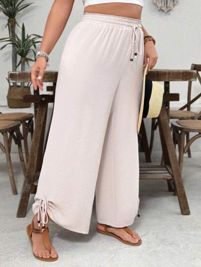 SHEIN VCAY Plus size Casual Khaki elastisk midja Dragsko i nederkant med fickor Byxor, lämpliga för ö-semester