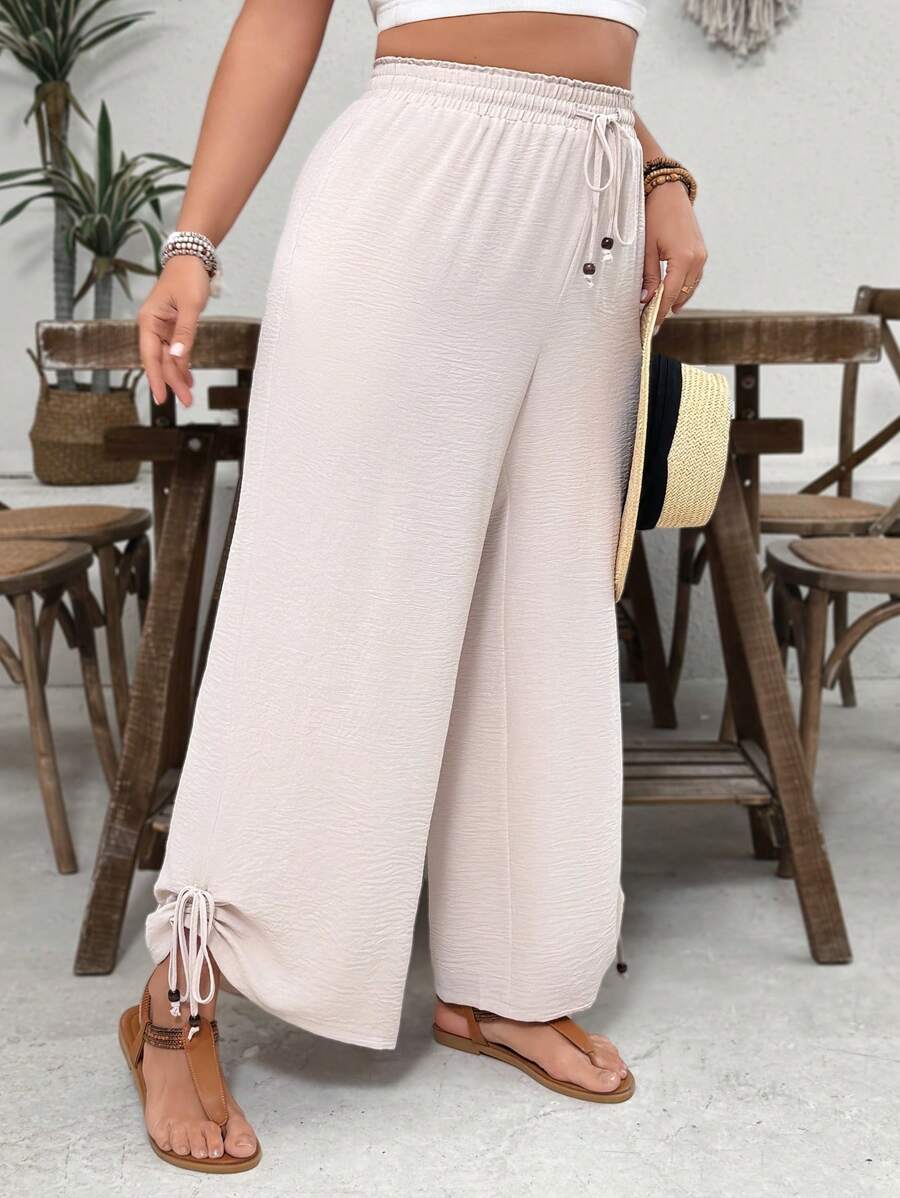 SHEIN VCAY 大码休闲卡其色松紧腰带抽绳下摆带口袋长裤，适合海岛度假 - 卡其色 - 查看 1