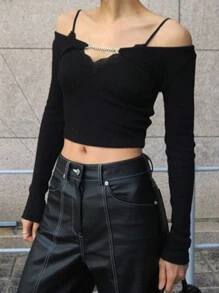 DAZY Camiseta corta de estilo callejero con tirantes, ajustada y de manga corta para mujer, tops de manga larga para mujer - Negro - Ver 10