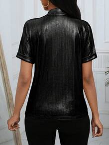 SHEIN Clasi Women's Plain V-Neck Short Sleeve Casual Blouse, Minimalist Daily Wear - Black - View 2