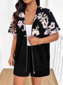 SHEIN LUNE Plus Summer 2pcs/Set Floral Print Front Zipper Casual Loose Top And Shorts - Multicolor - View 4