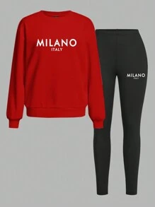 Slaydiva 2 件 MILANO 休闲字母图案宽松圆领运动衫和紧身打底裤套装，适合春秋季 - 彩色 - 查看 2