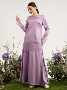 Graceveil Women's Solid Color Contrast Lace Long Sleeve Top And Mini Skirt Arabic Style Set - Purple - View 2