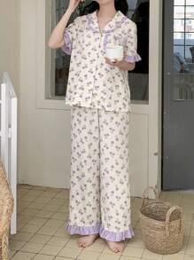 SHEIN Teen Girl Minimalist Tulip Flower Print Lapel Pocket Short Sleeve Ruffle Detail Casual Long Pants 2pcs Pajama Set Pj Sets For Teen Pjs Set Pj Sets For Teens Pj Set For Teen Pajama Sets - Purple - View 3