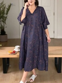 Dazy Petite Plus 碎花V领中长款睡袍，紫色，四季睡衣 - 紫色 - 查看 1