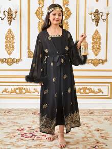 SHEIN 2pcs/Set Tween Girls Foil Print Sleeveless Dress With Belt, Ramadan Outfit - Black - View 1