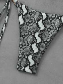 Swim Vcay 2 件套女士印花吊带三角比基尼上衣和系带下装海滩泳装套装，适合夏季 - 黑與白 - 查看 7