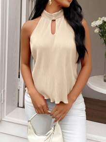 SHEIN Privé 女士立领无袖简约休闲镂空前褶皱背心 - 杏色 - 查看 6