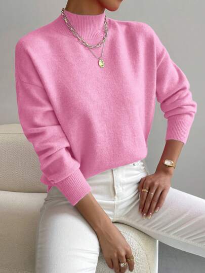 EMERY ROSE Women's Crew Neck Long Sleeve Simple Knit Pink Sweater, Casual Everyday Wear Knit Pullover Fall Winter