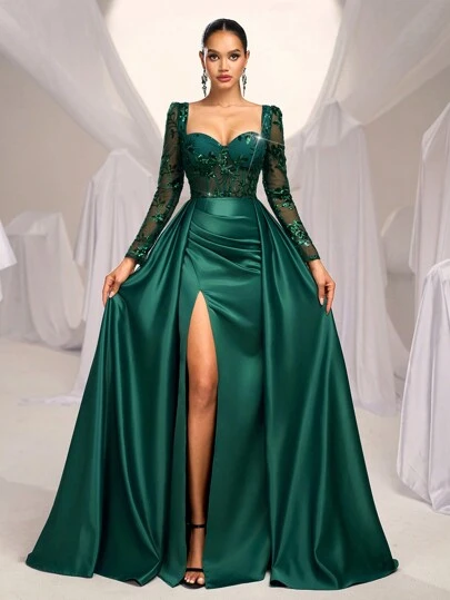 SHEIN Belle Elegant And Gorgeous Dark Green Beaded Sequins Stitched With Satin Sweetheart Neckline See-Through Long-Sleeved Wedding Dress, Fishtail Style High Slit Dress For Dinner Bachelor Party Date Birthday, Wedding Event Prom Evening Dress, Wedding Guest Dress, Formal Dress,Gown, For Valentine's Day