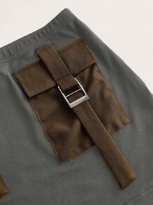 Slaydiva 2pcs/Set Women's Utility Pocket Cropped Long Sleeve Top & Bodycon Mini Skirt - Grey - View 3