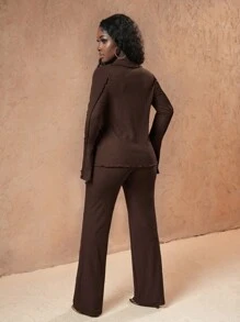 Slaydiva 2 Pieces Set Tie Front Shirt With Bow & Solid Flared Knit Pants - Brown - View 2