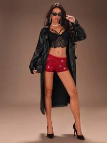 SHEIN SXY 秋季女装；性感约会俱乐部高弹力银珠超低腰短裤；女士纯银闪亮亮片紧身超级短裤，非常适合约会之夜、单身派对、鸡尾酒会、圣诞派对和其他迷人的夜晚活动 - 紅色 - 查看 6