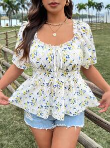 Flirla Plus Size Women's Boho Eyelet Embroidery Floral Print Blouse, For Summer - Multicolor - View 5