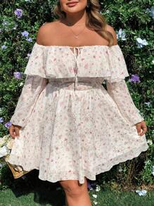 Flirla 大码春夏优雅复古浪漫优雅甜美露肩刺绣花卉荷叶边下摆长袖时尚连衣裙 - 彩色 - 查看 3