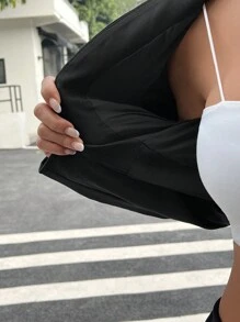 Comfortcana Women Solid Color Long Sleeve Open Front Cropped Blazer - Black - View 6