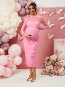 Loomaby Maternity Solid Color Mesh Patchwork Stand Collar Long Sleeve Fitted Dress - Pink - View 1