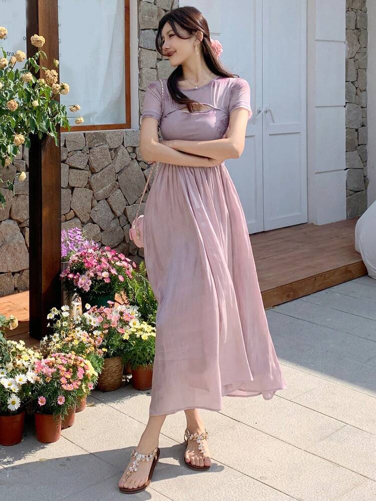 Women's Tie-Dye Round Neck Hollow Out Colorblocked Long Dress Maxi Dress