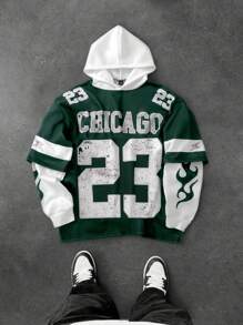 Aesthetic Post--Men's Retro Vintage Faded Letter & Chicago Graphic Contrast Color Block Hoodie - Multicolor - View 1