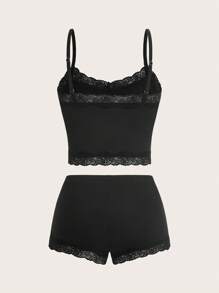 SHEIN EZwear Ensemble Femme Débardeur et Short avec Garniture en Dentelle - Noir - Voir 2