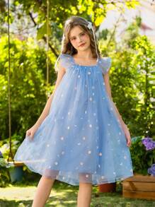 Wildeya Tween-Mädchen Ärmelloses Kleid, elegantes, wunderschönes, süßes Netzvolant-Kleid mit bunten Schmetterlingen, blau, geeignet für Sommer und Frühling, geeignet für Partys und Feiertage