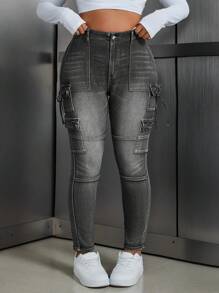 SHEIN ICON Plus Size Front Button Pocket Casual Denim Jeans, Everyday Wear - Light Grey - View 5