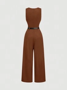 SHEIN MOD 1pc Women's Brown Pleated Wide Leg Loose Jumpsuit With Belt, Casual Style - Brown - View 2
