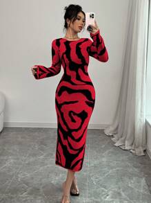 Elenzga Women Sweater Dress With Bell Sleeve & Pattern Fall Cloth For Women - Red - View 4