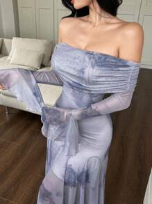 DAZY 女士碎花印花喇叭袖鱼尾中长连衣裙，荷叶边，秋季长袖连衣裙，露肩上衣