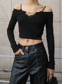 DAZY Camiseta corta de estilo callejero con tirantes, ajustada y de manga corta para mujer, tops de manga larga para mujer - Negro - Ver 3