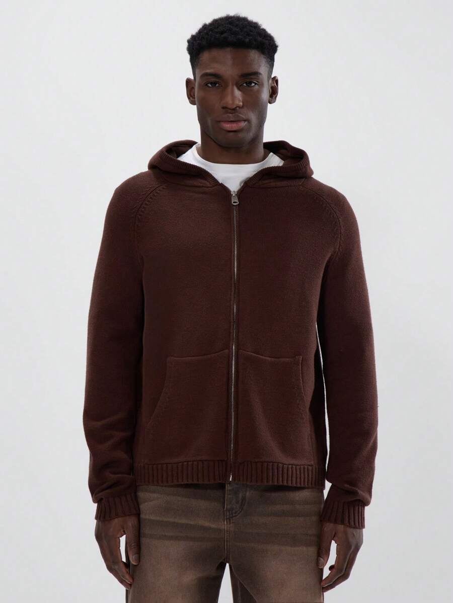 Musero Zip Through Knit Hooded Sweatshirt - Chocolate Brown - View 1