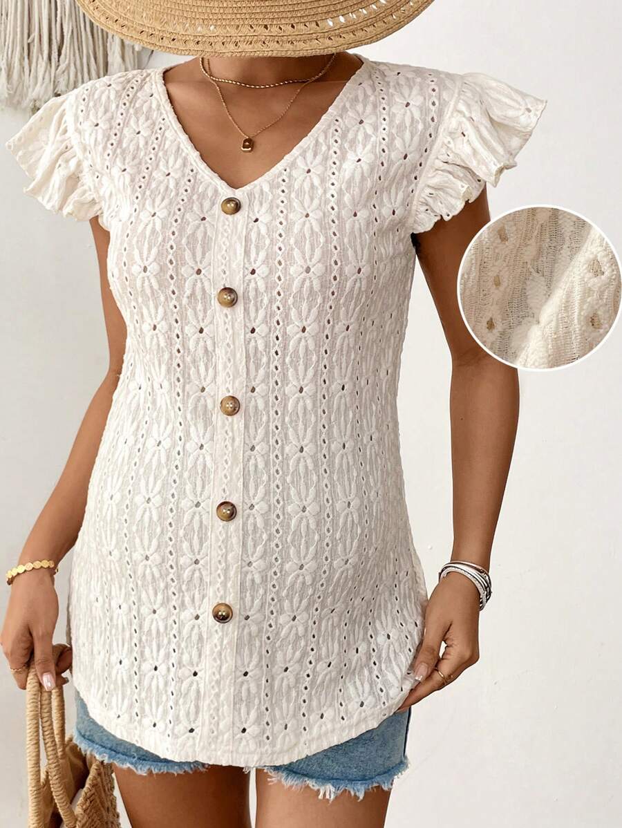 SHEIN Maternity Simple Front Button Ruffle Hem T-Shirt - White - View 1