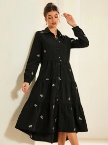 GENKIRA Váy xếp lớp in họa tiết cây cối không thắt lưng trang phục đi nghỉ cho nữ - màu đen - Xem 4