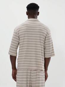 Musero Contrast Striped Revere Collar Shirt Quarter Short Sleeve Drop Shoulder Button Through Co Ord Top Only Spring Summer Essentials - Multicolor - View 3