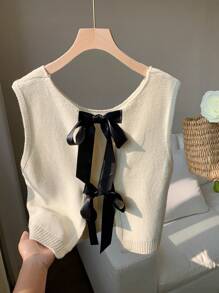 Comfortcana Top tricoté minimaliste casual sans manches à blocs de couleurs pour femmes - Blanc - Voir 5