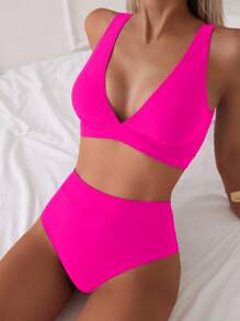 SHEIN Swim Bikini de dos piezas para mujer con top con sujetador y Bottom de color liso, simple y de moda como uso casual para el día a día en verano y vacaciones a la playa - Rosa Fucsia - Ver 5