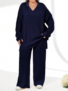 EURMUSE 2pcs/Set Solid Color Turn-Down Collar Sweater And Long Pants Outfit - Navy Blue - View 6