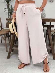 SHEIN VCAY 大码休闲卡其色松紧腰带抽绳下摆带口袋长裤，适合海岛度假 - 卡其色 - 查看 2