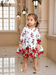 SHEIN 婴儿和女童时尚花卉印花连衣裙，别致的斋月时尚婴儿连衣裙，春夏