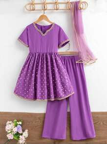 Tween Girl 2pcs Set: Ramadan Ramadan Purple V-Neck Short Sleeve Cropped Top And Solid Color Straight Leg Long Pants, Suitable For School And Casual Outings.