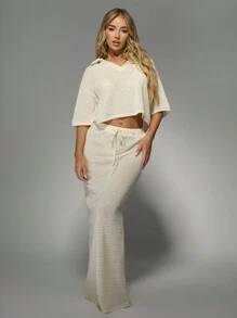 MISSGUIDED 奢华钩针针织套装海滩罩衫度假服休闲套装度假两件套搭配抽绳阔腿裤假日沙滩装 - 杏色 - 查看 1