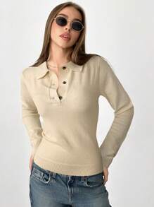 Aloruh Women's Autumn/Winter Polo Collar Half-Zip Button Up Long Sleeve Slim Fit Sweater