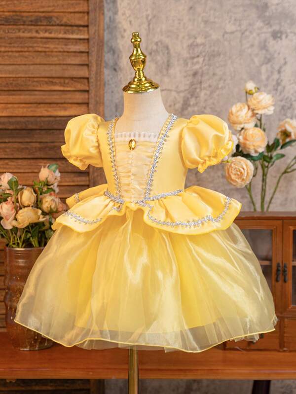 SHEIN Glamorique Kids Princess Dress, Birthday Party Wedding Holiday Ceremony Dress, Baby Girls Yellow Puff Sleeve Tulle Dress With Beading, Suitable For Stage Performance, Middle East & Europe Style, Formal Ball Gown, Satin Material With Silver Ribbons, All Season