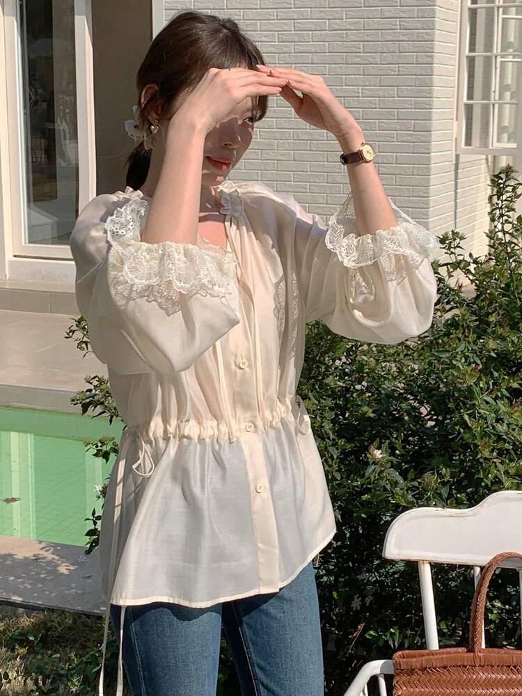 Women's Lace Panel Cinched Waist Front Shirt,Ruffle,Babydoll Top